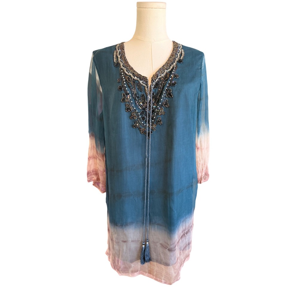 Novica Ombre Beaded Tassel Tunic Top Teal Pink Small